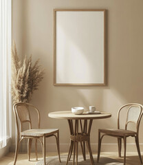 Minimalist room corner featuring a round wooden table with two woven chairs, a blank framed poster, and pampas grass in a vase, bathed in soft sunlight