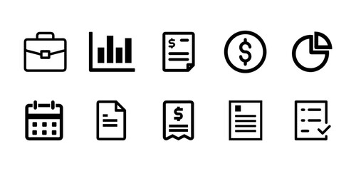 Set of Business & Office Icons vector. Briefcase, chart, dollar coin, calendar, document, invoice, checklist icon collection