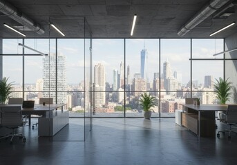 Photo Of Modern Office Interior With City View And Daylight Lighting