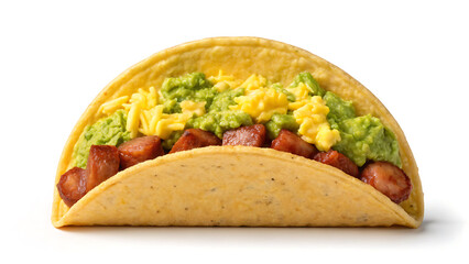 Breakfast Burrito Tacos Breakfast burrito with sausage, guacamole, and shredded cheese in soft tortilla taco shell