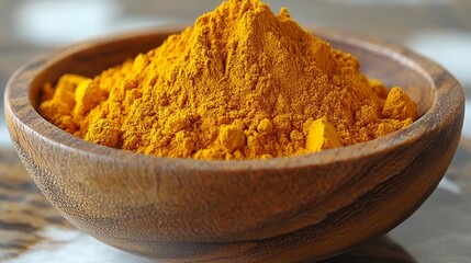 Aromatic yellow powder fills wooden bowl, creating a vibrant culinary display