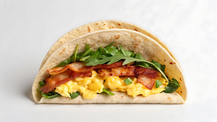 Breakfast Burrito Tacos Soft breakfast burrito with scrambled egg bacon and fresh green arugula leaves served white background