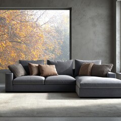 Cozy gray sofa near window with autumn trees, natural light