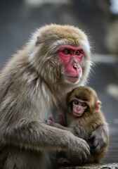 Fototapeta premium Photo of Mother Monkey Embracing Its Baby With Brown Fur and Red Face