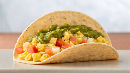 Breakfast Burrito Tacos breakfast burrito filled with scrambled eggs, fresh tomatoes, onions, and green salsa creates tasty