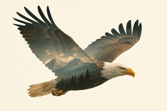 Artistic double exposure photography, close-up silhouette of a bald eagle in fligh