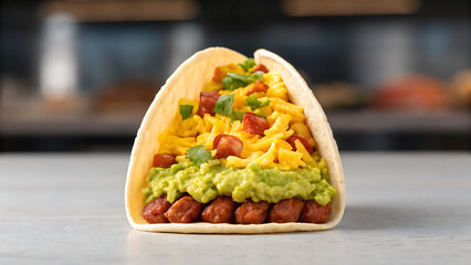 Breakfast Burrito Tacos Breakfast burrito with scrambled eggs guacamole and sausage makes tasty tacos meal for any time of day