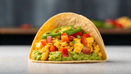 Breakfast Burrito Tacos Breakfast burrito with scrambled eggs guacamole and fresh vegetables served as tacos