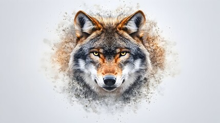 Fototapeta premium A wolf's head, intensely gazing, set against a soft, watercolor-like, earthy-toned background