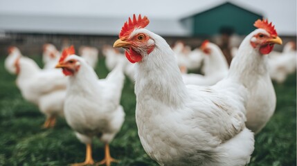 Fototapeta premium Flock of white chickens with red combs on green grass, blurred background