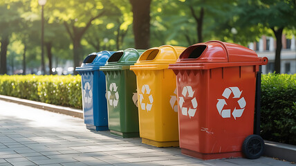 Multi colored recycling trash bin arranged on a street showing urban waste recycling and sustainability