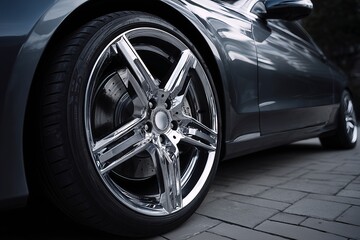 High quality chrome alloy wheel with sleek design and performance tire, perfect for enhancing vehicle aesthetics and driving experience
