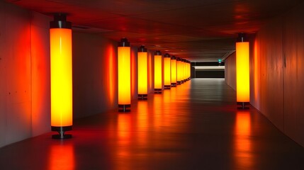 Illuminated hallway with cylindrical lamps.