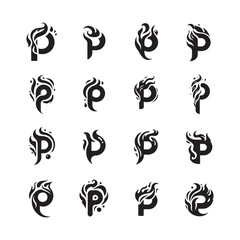 Creative letter P logo with fire shape silhouette vector icon set, flaming P letter logo bundle, burning fire style P alphabet emblem collection

