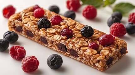 Granola bar with berries Oaty bar decorated with raspberries and blueberries on a white background
