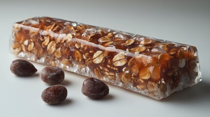 Rectangular snack bar with oats, almonds, and date-like fruits on a white surface