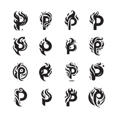 Hot fire style letter P logo icon set, silhouette vector illustration of burning P letter designs for branding, abstract emblem, and identity design

