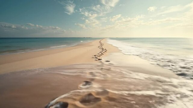 Tranquil beach with footprints leading into the ocean at sunset  
