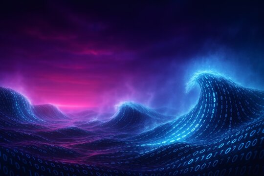 Binary Code Ocean Waves Under Neon Sky - Futuristic Data Landscape, AI Digital Visualization, Cyberpunk Horizon Background