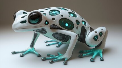 White frog with glowing turquoise circles, rendered in 3D on a soft background