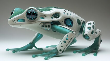 Futuristic frog featuring white and teal plating with bioluminescent patterns