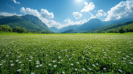 Scenic view of daisy field, mountains and sky under sunlight