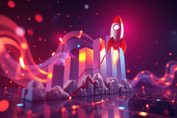 Financial lift-off. Rocket launch symbolizes rising market trends successful investment strategies.