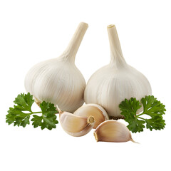 Fresh Garlic Bulbs, Cloves & Parsley on transparent background