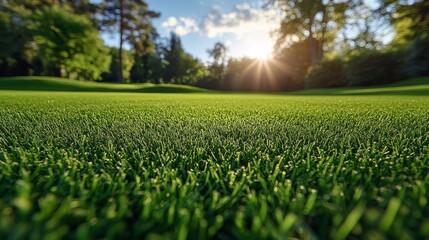 A pristine grass field under a sunny sky, trees stand in background