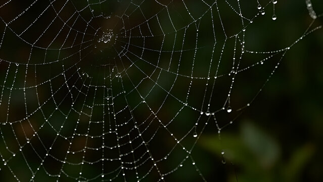 A close-up of a spider web glistening with dew drops, capturing the delicate beauty of nature in the early morning light.