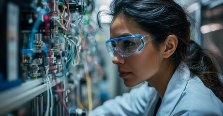 A Caucasian female scientist is shown processing scientific data in a laboratory setting