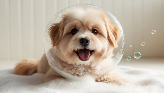 Fluffy dog face in soap bubbles. Cute and clean. Ideal for pet care, grooming services, showcasing happy pets.