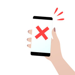 Smartphone with red cross icon. Rejected payment or transaction. Woman hand holding a smartphone.
