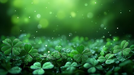 Lush green clovers cover ground with bokeh lights in background, creating a serene & whimsical scene