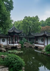 Naklejka premium Photo Of Traditional Chinese Garden With Pond and Pavilion Surrounded By Greenery