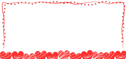 Abstract horizontal frame of red hearts on white background, Valentine's Day frame, hand drawn illustration, copy space, flat style.