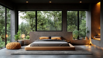 Bedroom interior featuring a bed, large windows, and natural scenery