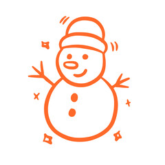 Happy snowman with hat and buttons in cute orange hand-drawn cartoon winter style