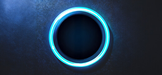 Circle picture frame with  neon color graphic on dark wall background.