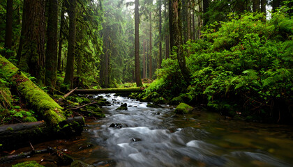 Obraz premium Lush Green Forest Stream Sunlight Dappled Path