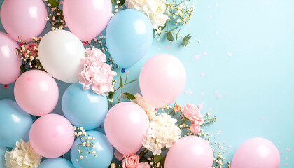 パステルカラーの風船と花がまわりを飾るエレガントな誕生日の背景イメージ。ピンク色と水色と白色の風船。An elegant birthday background image with pastel colored balloons and flowers decorating the surroundings. Pink, light blue and white balloons.