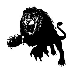 silhouette of a lion pouncing on prey