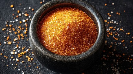 Orange spice granules fill black bowl. Background is speckled with white and orange pieces