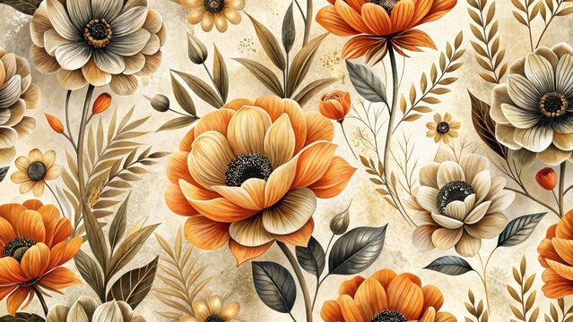 Elegant Autumnal Floral Tapestry A Rich Blend of Warm Hues and Delicate Botanical Details