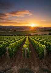 Naklejka premium Photo of Vineyard Rows at Sunset with Golden Hour Colors and Dramatic Sky