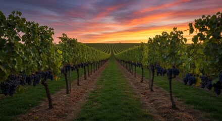 Naklejka premium Photo of Vineyard Rows At Sunset With Golden Orange And Red Hues In The Sky