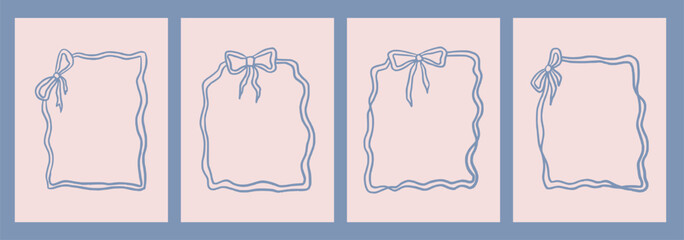 Whimsical frame with bow and curly line. Elegant frame vintage coquette style. Whimsical vintage french outline poster design.