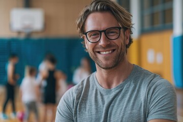 Fototapeta premium Portrait of happy physical education teacher during class at school gym. High quality