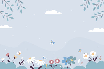 Flowers and butterflies with sky background in horizontal screen