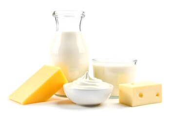 Dairy Products with Glass of Milk Isolated on White Background